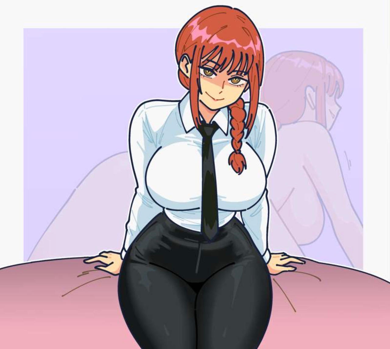 1girls, before and after, big breasts, breasts, chainsaw man, female, female focus, female only, legs, looking at viewer, makima (chainsaw man), nude, nude female, pants, perfect legs, red eyes, sex, shirt, sitting, sitting on bed, smile, smiling, smiling at viewer, tie, voluptuous, voluptuous body, voluptuous female
