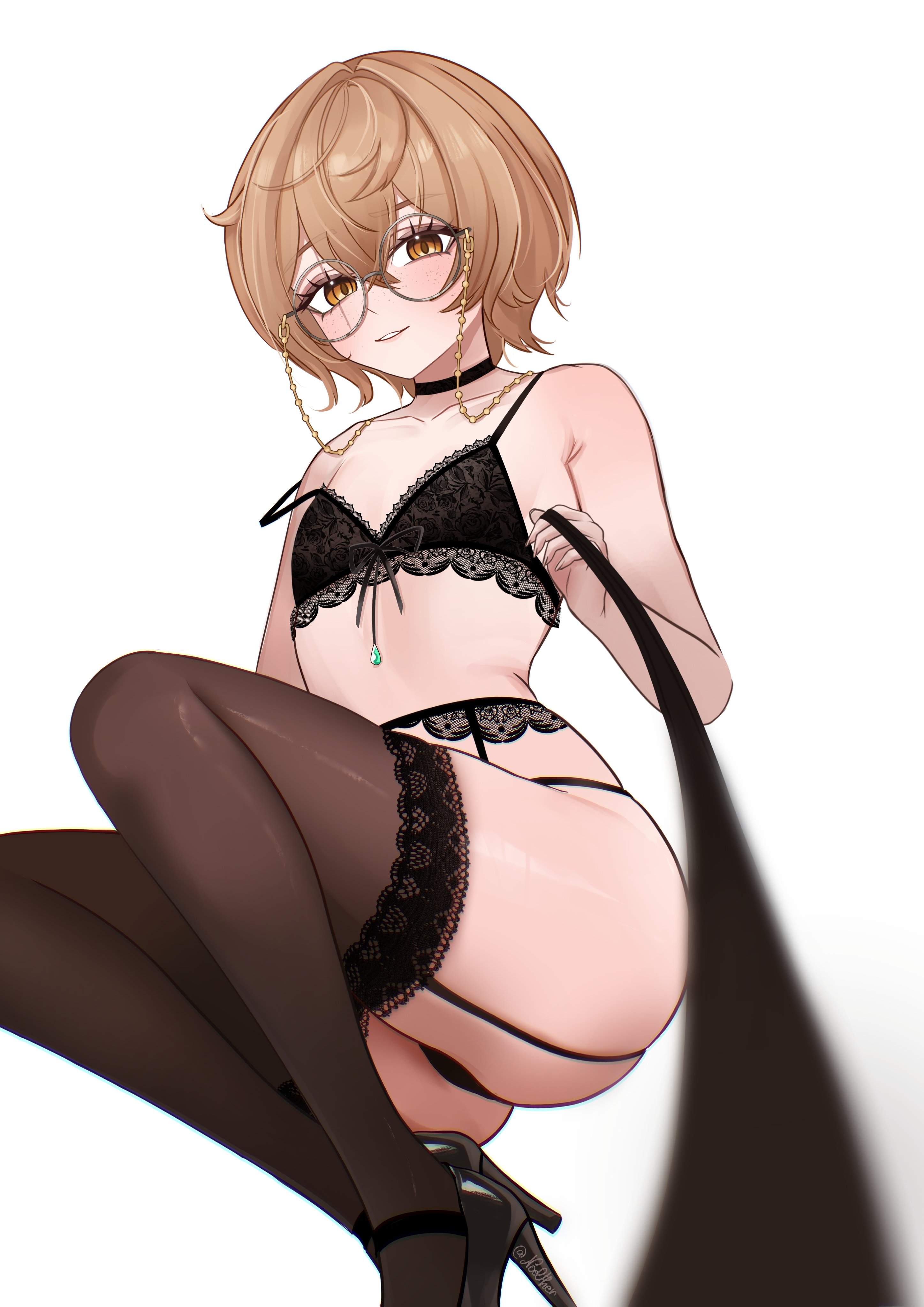 1girls, black bra, black lingerie, black panties, bra, breasts, brown eyes, brown hair, clio aite, female, female only, femdom, glasses, heels, leash, leash pull, leashed pov, legwear, light skin, light-skinned female, lingerie, noelther, panties, phase connect, phase invaders, phase invaders quest, round glasses, small breasts, solo, viewer pov, virtual youtuber