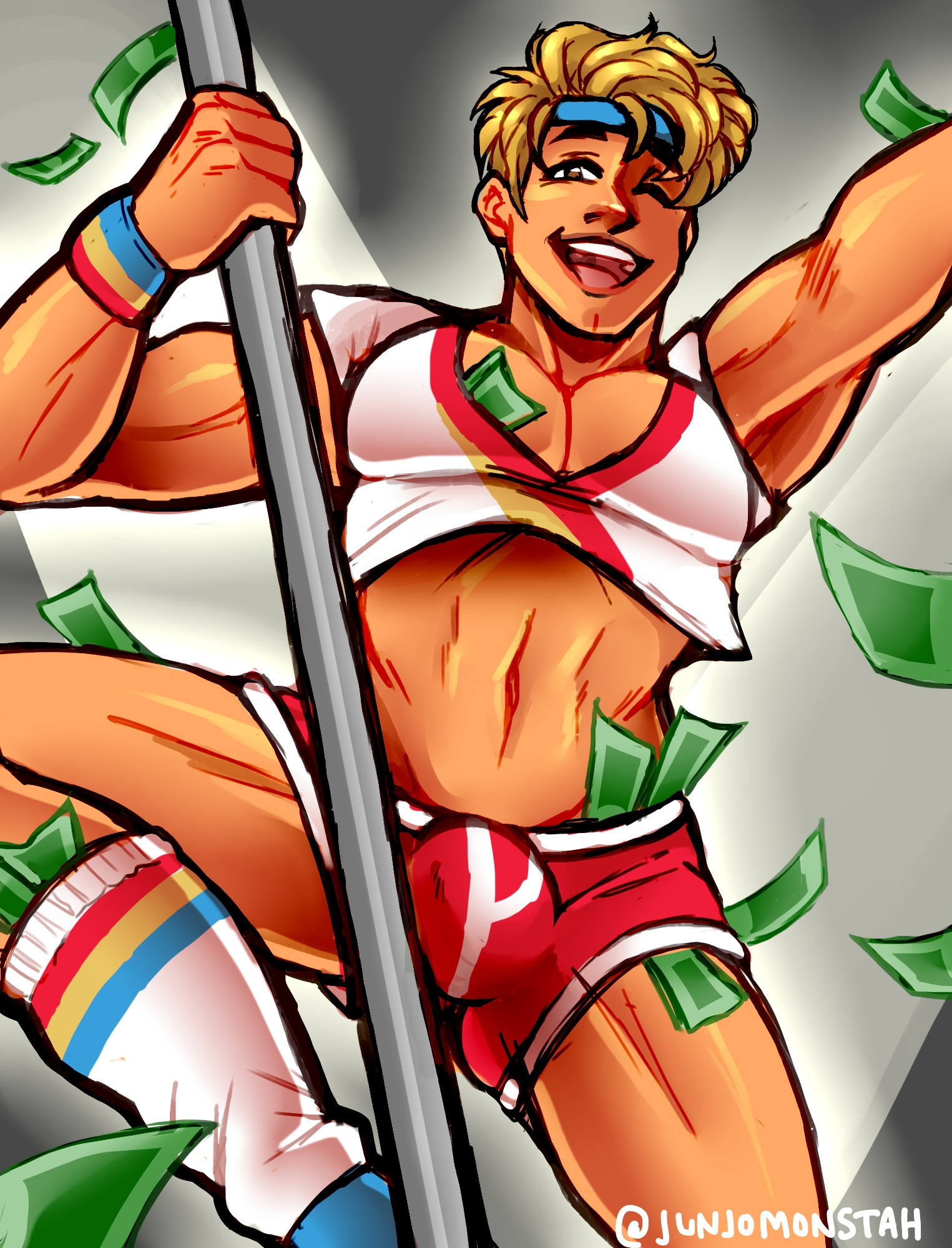 1boy, alternate version at source, alternate version available, bara, bulge, bulge through clothing, date everything, gay, gay male, junjomonstah, male, money, pinup, pole, pole dancing, stepford (date everything), stripper, stripper pole, yaoi
