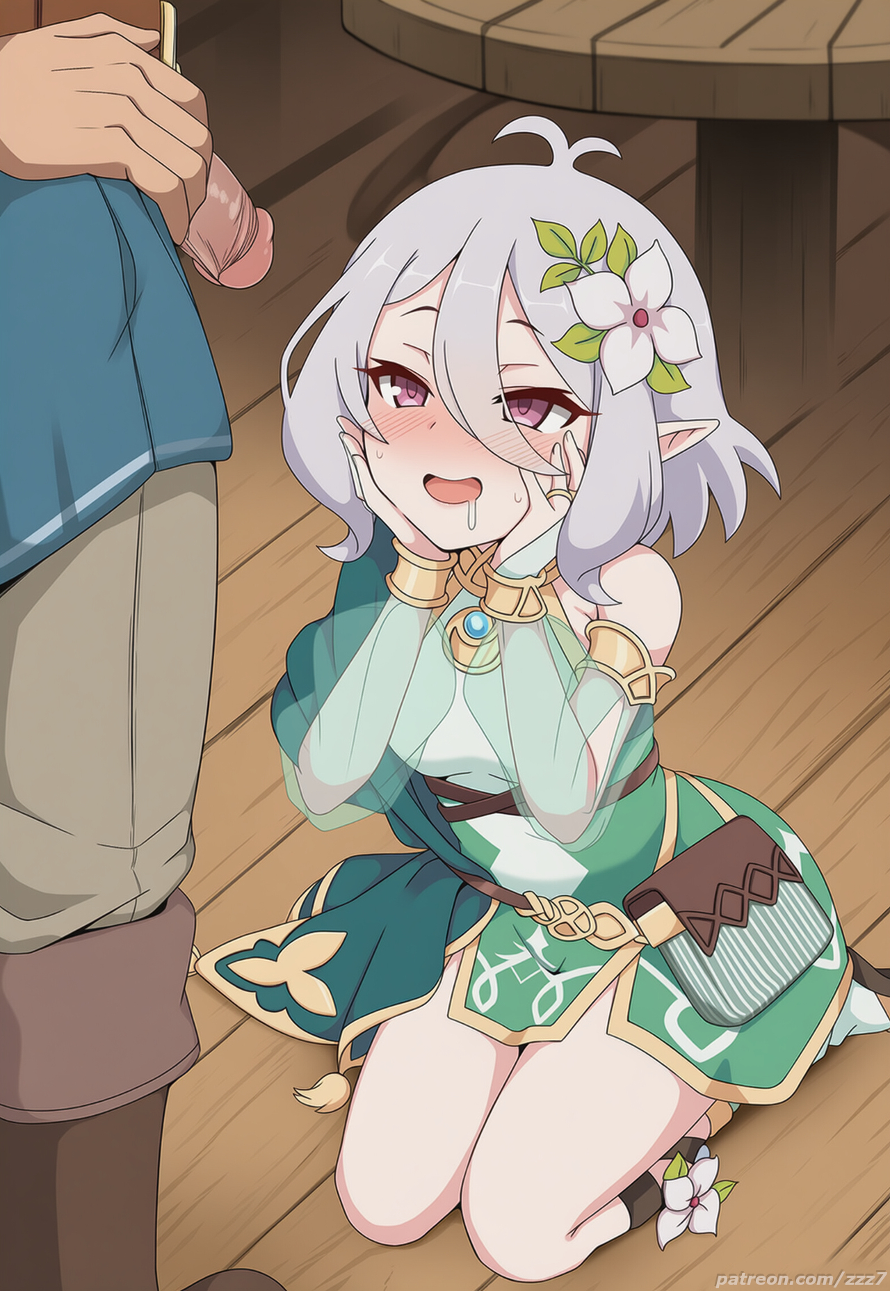 1boy, 1girls, ai generated, before oral, before sex, blush, cock shock, drooling, elf, excited, female, hands on own cheeks, hands on own face, impressed, kneeling, kokkoro (princess connect!), lewd, looking at penis, looking up, lustful gaze, male, naughty, naughty face, on floor, open mouth, penis, penis out, pointy ears, princess connect!, sitting, staring, staring at penis, uncensored, watermark, zzz7