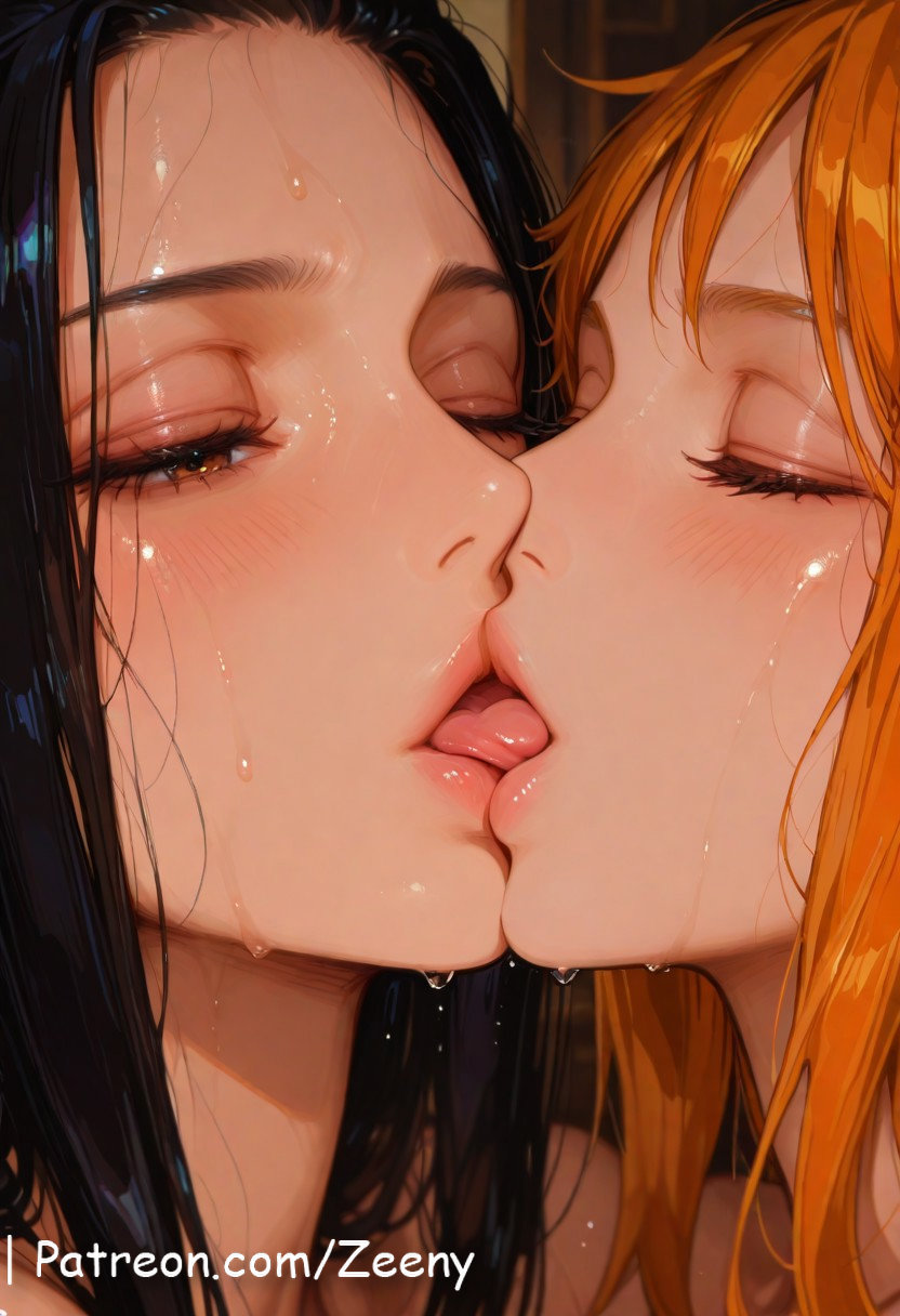 2girls, ai generated, areolae, black hair, boa hancock, breasts, completely nude, curvy, ear piercing, earrings, embrace, female, female only, hugging, kissing, large breasts, lesbian sex, long hair, nami (one piece), nipples, nude, one piece, orange hair, passionate, patreon, patreon link, patreon url, patreon username, pussy, sex, tattoo, upper body, wide hips, yuri