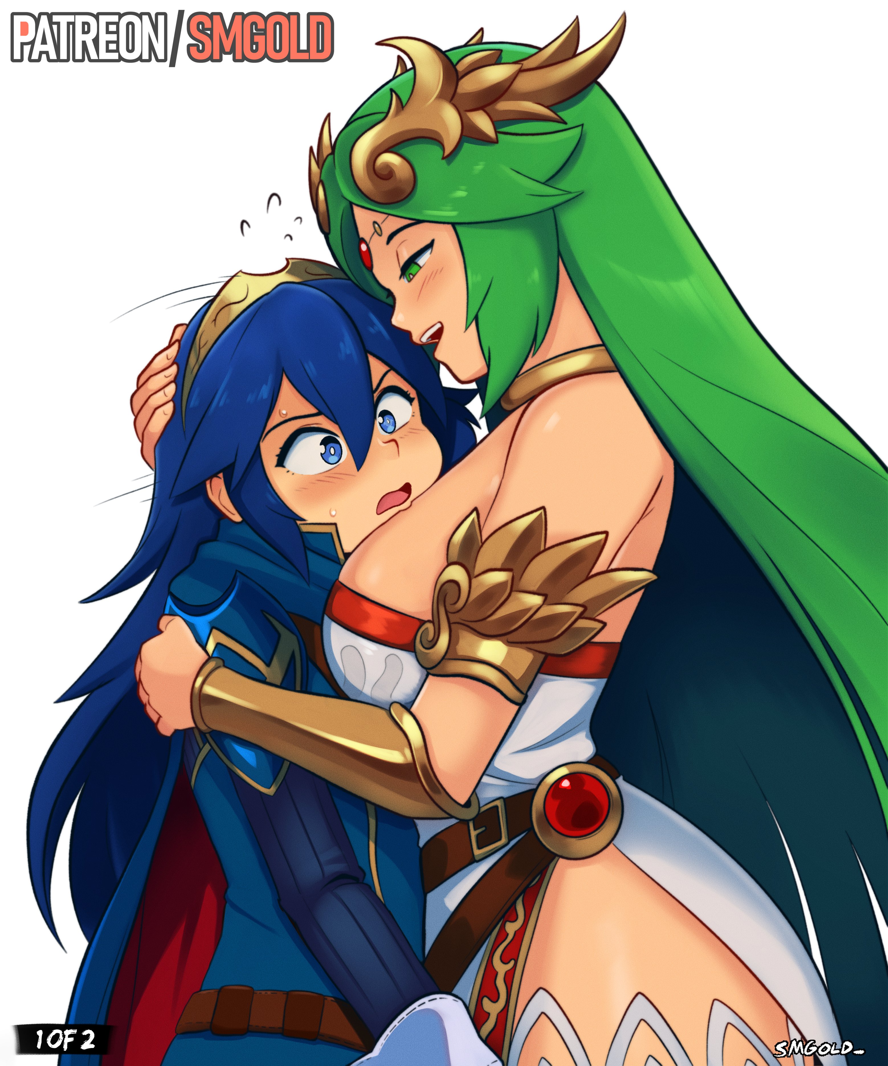 2girls, fire emblem, flustered, flustered female, goddess, green hair, hugging, i wanna fuck her so bad, kid icarus, lucina (fire emblem), mommy, nintendo, not porn, palutena, smgold, thighs, yuri