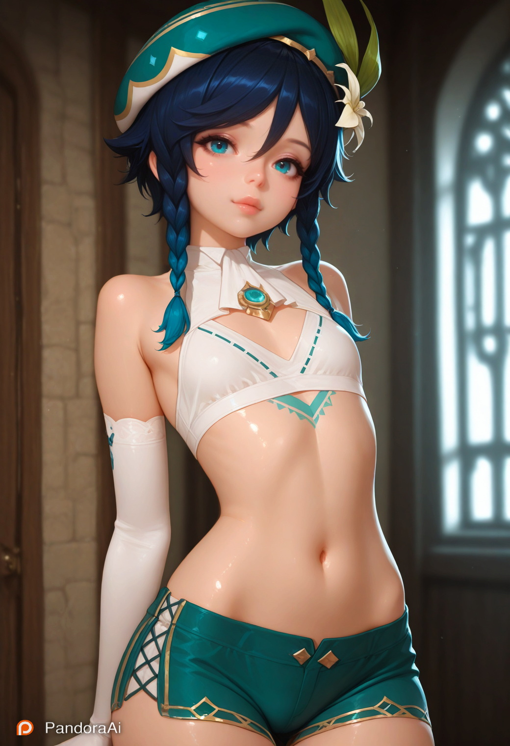 1boy, 1femboy, ai generated, artist name, artist upload, bra, braids, femboy, genshin impact, hi res, male, male only, more at source, only male, pandora, patreon, posing, posing for picture, posing for the viewer, pretty boy, shorts, smooth skin, standing, stockings, tagme, tight clothes, trap, venti (genshin impact), white stockings