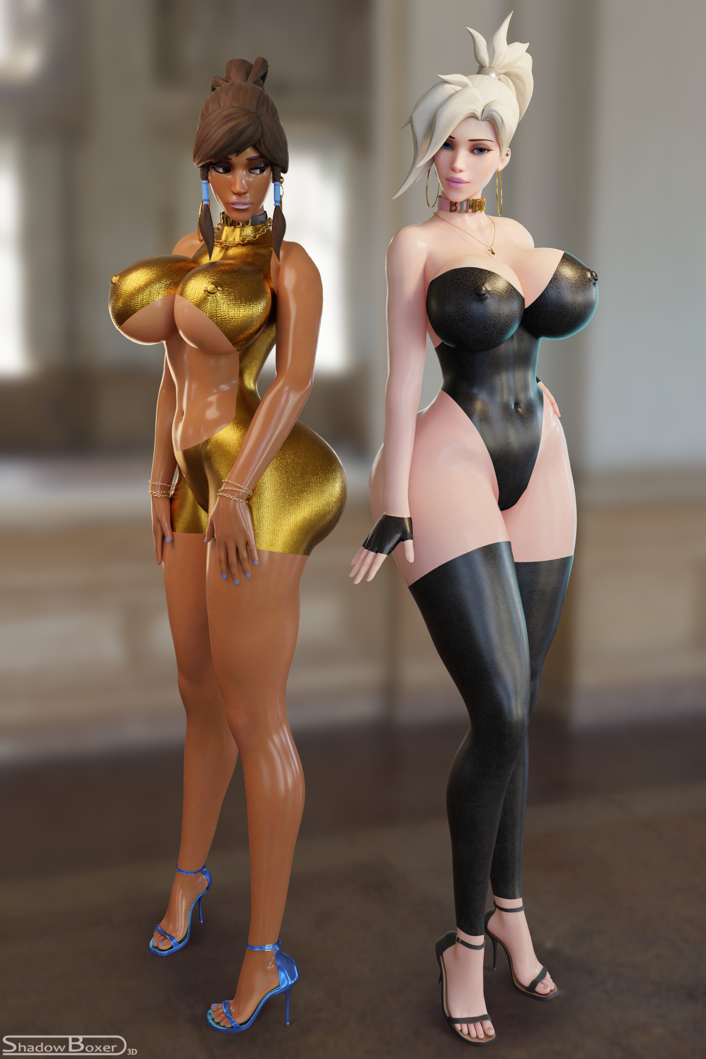 2025, 2girls, 3d, alternate body type, angela ziegler, bimbo, bimbo body, bimbo collar, cutout, detailed background, erect nipples, erect nipples under clothes, fareeha amari, female, female only, full body, high heels, indoors, leg warmers, leotard, mercy, nipple bulge, nipple piercings under clothes, nipples, overwatch, overwatch 2, pharah, piercing, pokies, shadowboxer, skimpy, skimpy clothes, skimpy dress, slut collar, text on collar