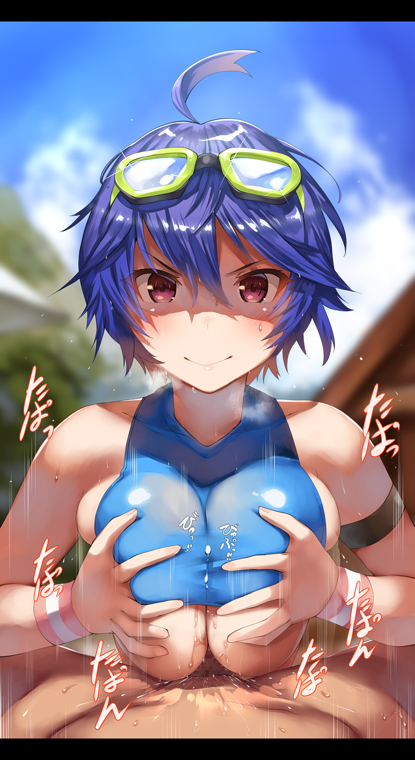 1boy ahoge bare_shoulders belko blue_hair blue_shirt blue_sky blurry blurry_background blush breasts character_request closed_mouth cloud collarbone commentary_request cum cum_on_clothes cum_through_clothes cum_through_clothing day ejaculation_between_breasts eyewear_on_head female goggles hair_between_eyes heavy_breathing highres large_breasts lolicept looking_at_viewer male_pubic_hair mosquito_coil motion_lines outdoors paizuri paizuri_under_clothes phantom_of_the_kill pubic_hair red_eyes shirt shirt_lift short_hair sky sleeveless sleeveless_shirt smile solo_focus sweat translation_request upper_body wristband