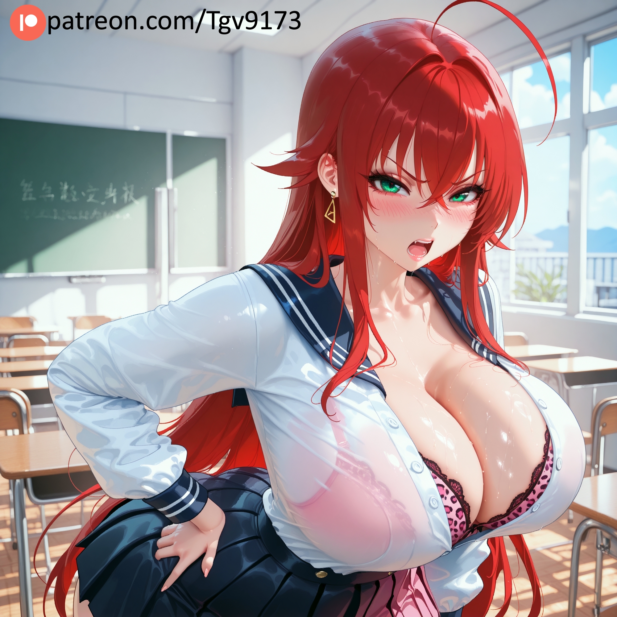 1girls, ahoge, ai generated, animal print, bangs, black skirt, blush, bra, breasts, chair, chalkboard, classroom, cleavage, collarbone, desk, earrings, female, female only, green eyes, hair between eyes, hand on hip, high school dxd, huge ahoge, huge breasts, indoors, jewelry, large breasts, leaning forward, leopard print, light-skinned female, long hair, long sleeves, looking at viewer, open clothes, open mouth, pink bra, pleated skirt, red hair, rias gremory, sailor collar, school desk, school uniform, serafuku, shirt, sidelocks, skirt, solo, sweat, teeth, tgv9173, thighs, underwear, watermark, wet, white shirt, window