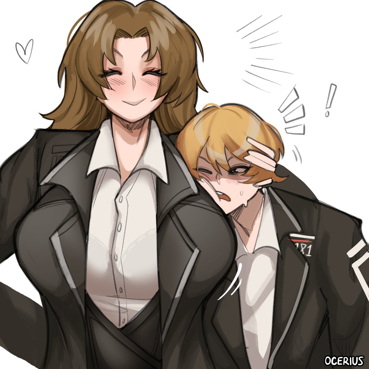 1boy, 1girls, bra visible through clothes, breasts, female, female on femboy, femboy, femboy on female, huge breasts, large breasts, limbus company, male, ocerius, project moon, rodion (limbus company), sinclair (limbus company), standing, twink, voluptuous