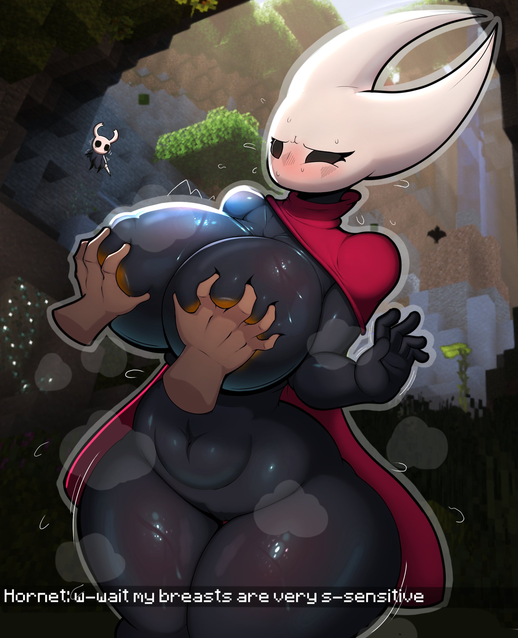 1boy, 1girls, anthro, areola, areolae, ass, big areola, big ass, big breasts, big nipples, big thighs, black body, black eyes, blush, breasts, butt, calves, cape, chat message, crossover, curvaceous, dialogue, elzorrogomita, embarrassed, embarrassed nude female, english text, enormous breasts, female, flustered, foxgumie, gigantic ass, gigantic breasts, gigantic thighs, grabbing breasts, groping, groping breasts, highres, hollow knight, hornet (hollow knight), huge areola, huge ass, huge breasts, huge nipples, huge thighs, humanoid, large breasts, legs, looking at viewer, male, minecraft, minecraft chat, naked, nipples, nude, pussy, solo, squeezing, squeezing breast, surprised, sweat, sweatdrop, sweating, tagme, text, the knight (hollow knight), thick thighs, thighs, thin waist, voluptuous, waist, yellow nipples