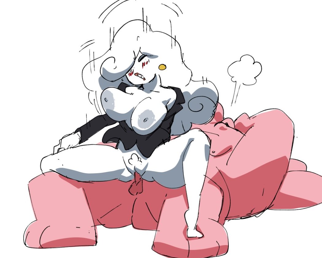 1boy, 1girls, bald, barefoot, black jacket, black shirt, blush, bottomless, bouncing breasts, breasts, breasts out, breath, bunny ears, clenched teeth, closed eyes, cloud creature, cloud humanoid, collarbone, colored skin, coolerinker, cowgirl position, earrings, female, full body, hair over one eye, inker comics, inkershike, intersex, interspecies, inverted nipples, jacket, jewelry, large breasts, long hair, long sleeves, male, motion lines, nipples, no bra, nose blush, off shoulder, one eye covered, open clothes, open mouth, penis, personification, pink skin, puff of air, pussy, rabbit, reverse cowgirl position, richard watterson, sex, sex from behind, shirt, simple background, sketch, small penis, solo focus, speed lines, spread legs, straddling, straight, testicles, the amazing world of gumball, thighs, vaginal penetration, white background, white body, white hair, yuki yoshida