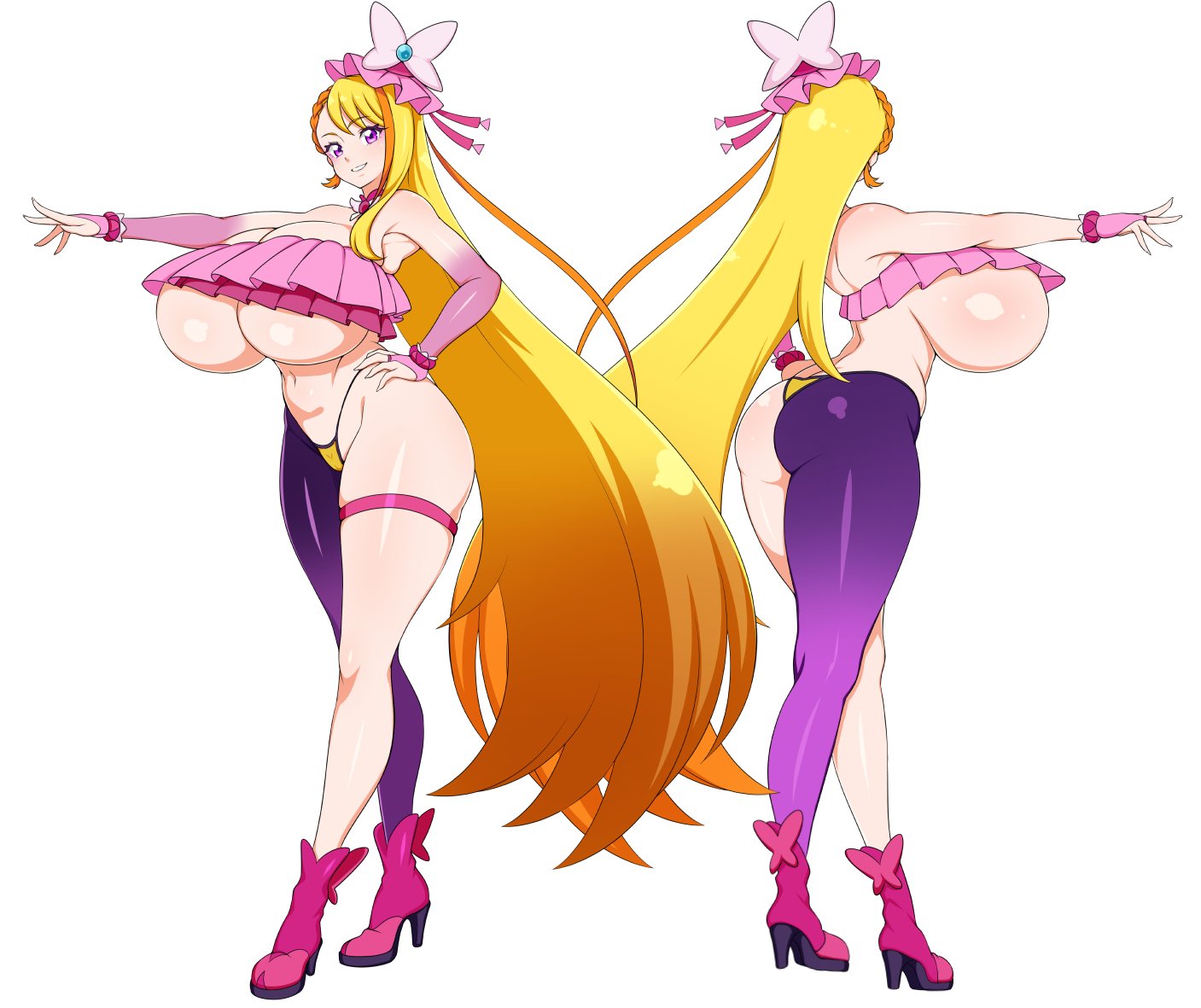 1girls, 2girls, accessories, accessory, arm on hip, armpits, back view, belly, belly button, big ass, big breasts, bikini bottom, blonde female, blonde hair, breasts, breasts bigger than head, busty, busty female, butt, butt crack, butterfly hair ornament, butterfly wings, colored, colorful, cure butterfly, curvaceous, curvy, curvy female, curvy figure, dark blue eyes, facing away, facing viewer, fashion, female, female focus, female only, front view, girly, hair ornament, hair ribbon, hand on hip, headgear, headwear, heels, high heels, hijiri ageha, hirogaru sky! precure, hourglass figure, huge breasts, jabara tornado, large breasts, leg wear, long hair, long nails, looking at viewer, looking away, magical girl, magical girl outfit, mini hat, navel, necklace, neckwear, ornament, pink bikini top, pink clothing, pink eyes, pink handwear, pink high heels, pink legwear, pink nails, pink outfit, pink wristband, precure, pretty cure, purple clothing, ribbon, side boob, side braid, simple background, slim waist, smile, smiling, smiling at viewer, soft breasts, stockings, teeth, teeth clenched, teeth showing, teeth visible, thick ass, thick hips, thick legs, thick thighs, underboob, very long hair, white background, wide hips, wide thighs, wristband, yellow thong