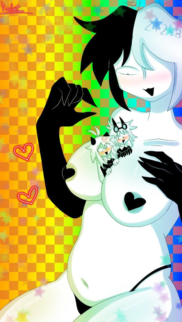 1girls, 2boys, artist name, chubby female, edward (fundamental paper education), female, fpe, fundamental paper education, giantess, male, nipples, nude female, oliver (fundamental paper education), pechos grandes, smile, viollet, viollet (artist), zip (fundamental paper education)