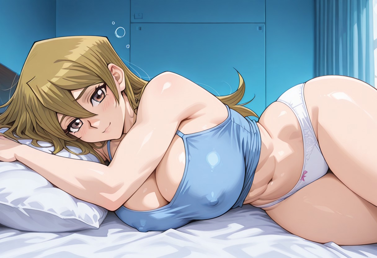 abs, ai generated, alexis rhodes, bedhead, blonde hair, breasts, brown eyes, civitai, female, huge breasts, jakespicer34, large breasts, laying down, long hair, looking at viewer, pajamas, sleepy, tenjouin asuka, white panties, wide hips, yu-gi-oh!, yu-gi-oh! gx