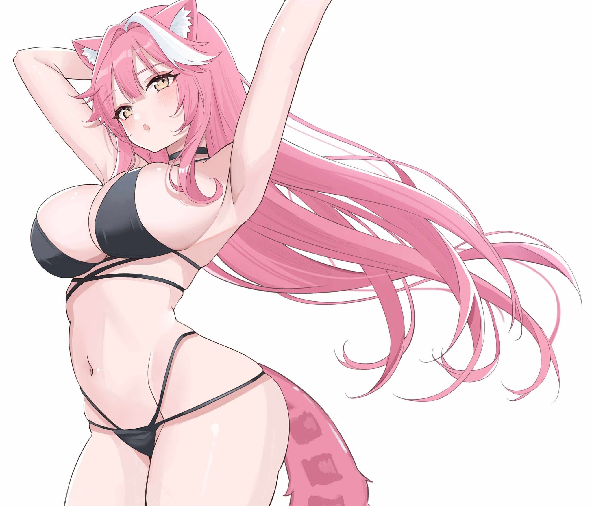 animal ear fluff, animal ears, arm behind head, armpits, arms up, bikini, black bikini, black choker, breasts, center-flap bangs, choker, cleavage, commentary, double-parted bangs, dreamoon, female, floating hair, groin, highres, hololive, hololive english, hololive english -justice-, large breasts, long hair, looking at viewer, multi ear, multi-strapped bikini bottom, multi-strapped bikini top, multicolored hair, navel, open mouth, outstretched arm, panther ears, panther girl, panther tail, pink hair, raora panthera, sidelocks, simple background, solo, stomach, streaked hair, swimsuit, tail, twitter, very long hair, virtual youtuber, white background, white streaks, yellow eyes, youtube, youtuber, youtuber girl, youtubers