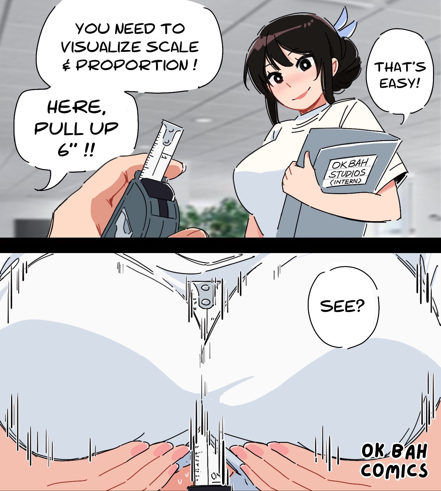 1girls, 1other, 2koma, ambiguous gender, artist self-insert, black hair, blush, breasts, breasts squeezed together, close-up, comic, english text, female, fingernails, hair bun, large breasts, measuring tape, nose blush, ok bah comics, paizuri, paizuri over clothes, penis, penis measuring, phallic symbol, pov, solo, solo focus, speech bubble, updo
