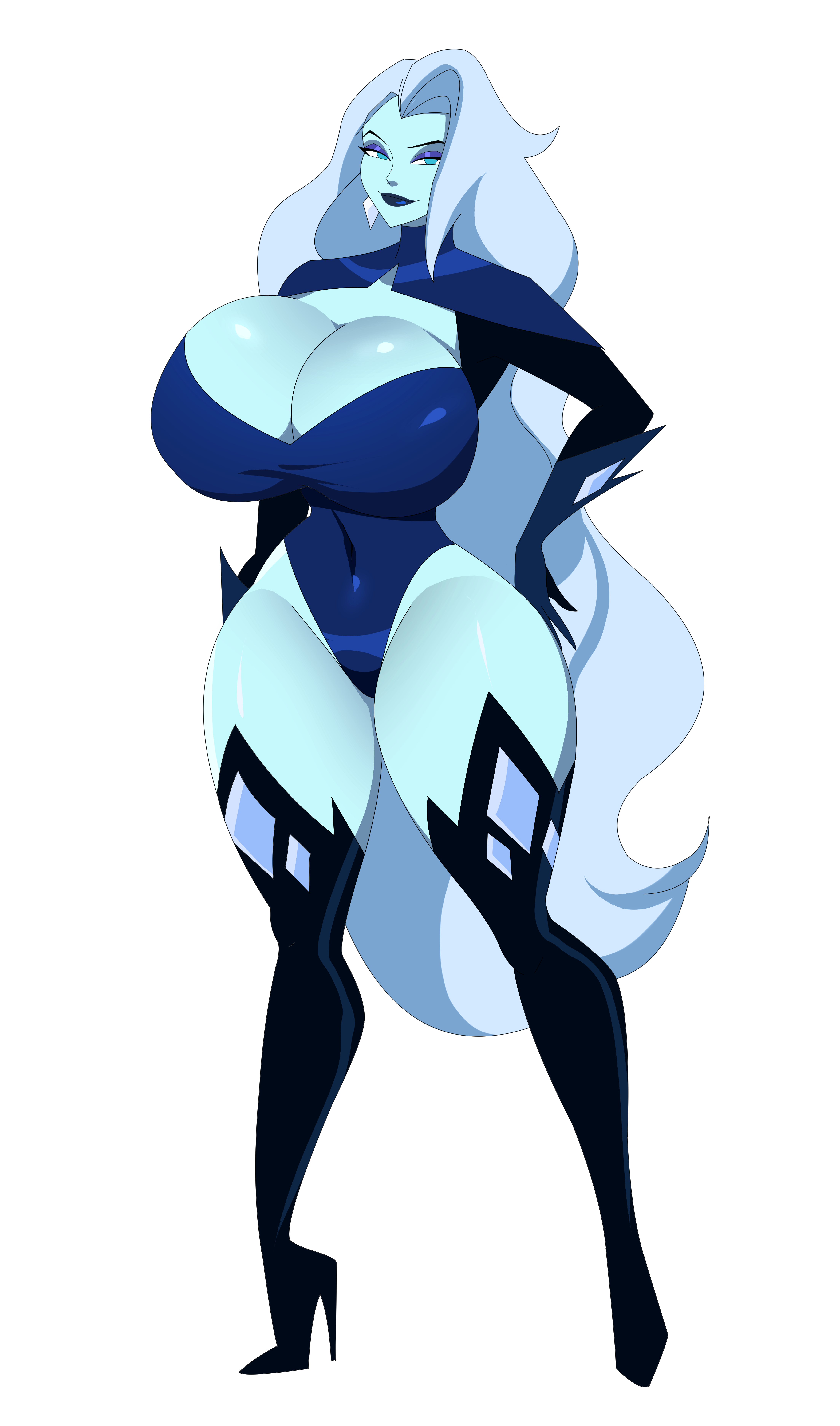 1girls, big breasts, blue body, blue eyes, blue hair, blue lipstick, blue skin, breasts, cleavage, cleavage cutout, cythonna, dc, dc comics, dc super hero girls, female, female only, ghostlessm, high heels, huge breasts, long hair, looking at viewer, purple eyeshadow, revealing clothes, solo, thick thighs, thighhighs, tight clothing, white background, white skin, wide hips