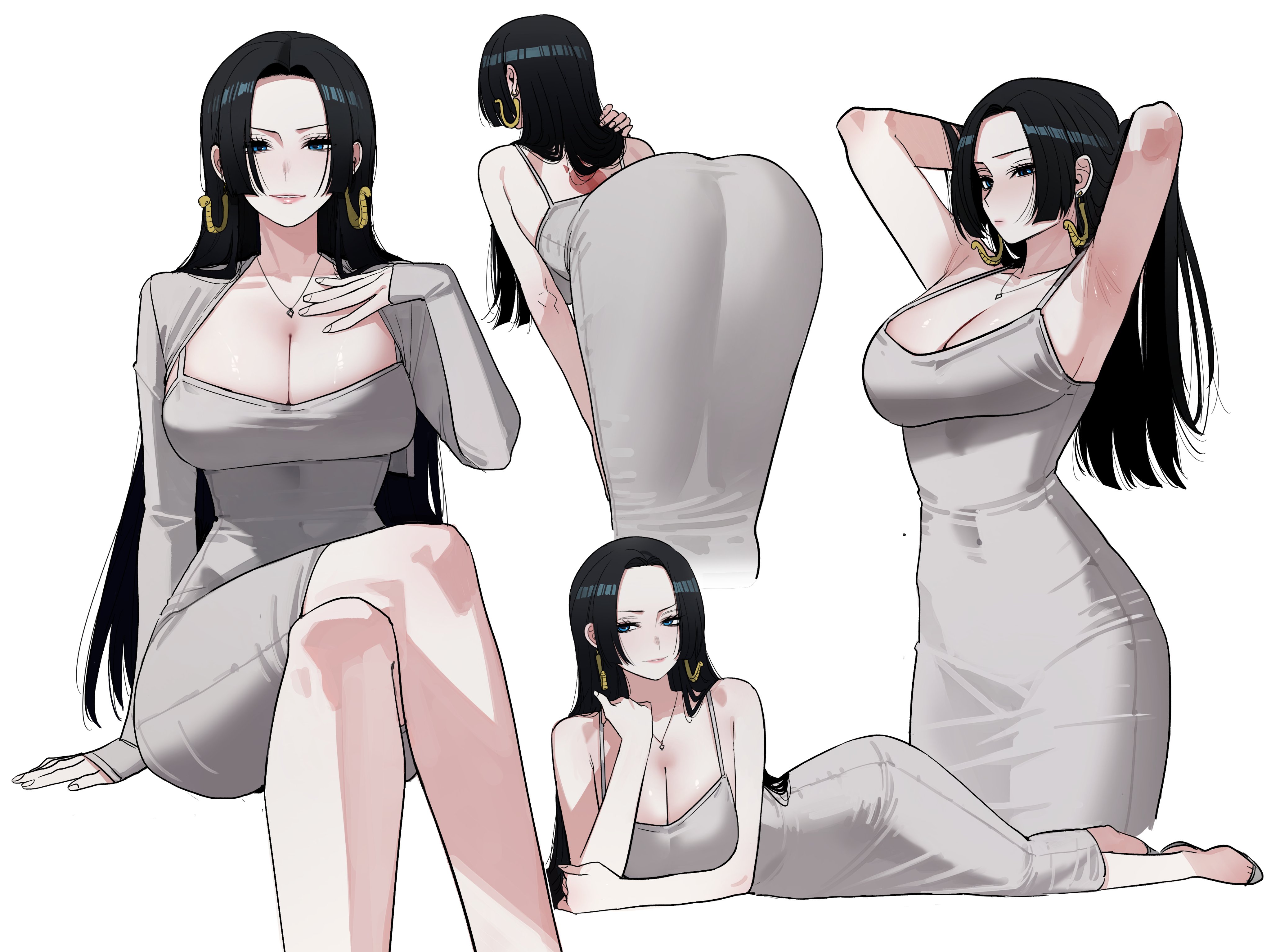 1girls, back tattoo, bent over, big ass, big breasts, black hair, black-haired female, boa hancock, branding mark, breasts, dongtan dress, earrings, female, female only, grey dress, light-skinned female, lying on side, meme attire, one piece, ratatatat74, voluptuous, voluptuous female