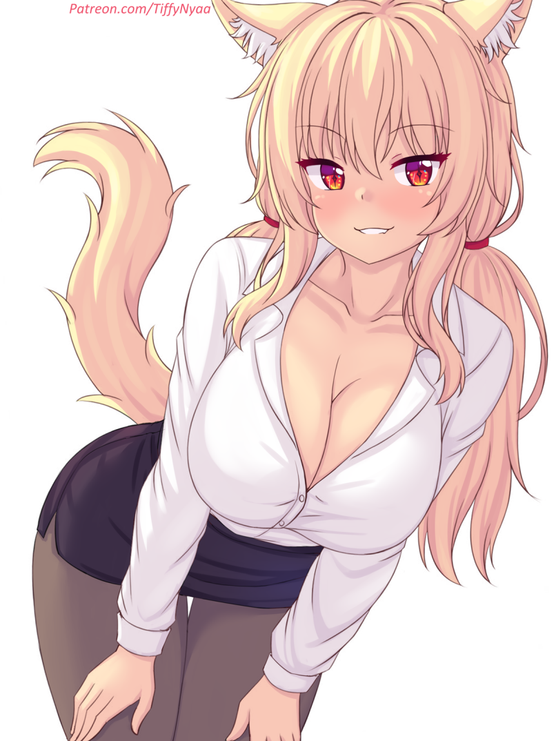 :3, 1girls, big breasts, blonde hair, breasts, cat ears, cat tail, catgirl, cleavage, female, female focus, long hair, looking at viewer, nottytiffy, office clothing, office lady, original, patreon, patreon username, red eyes, semi furry, simple background, skirt, solo, solo female, tiffy, tiffynyaa, twintails, white background