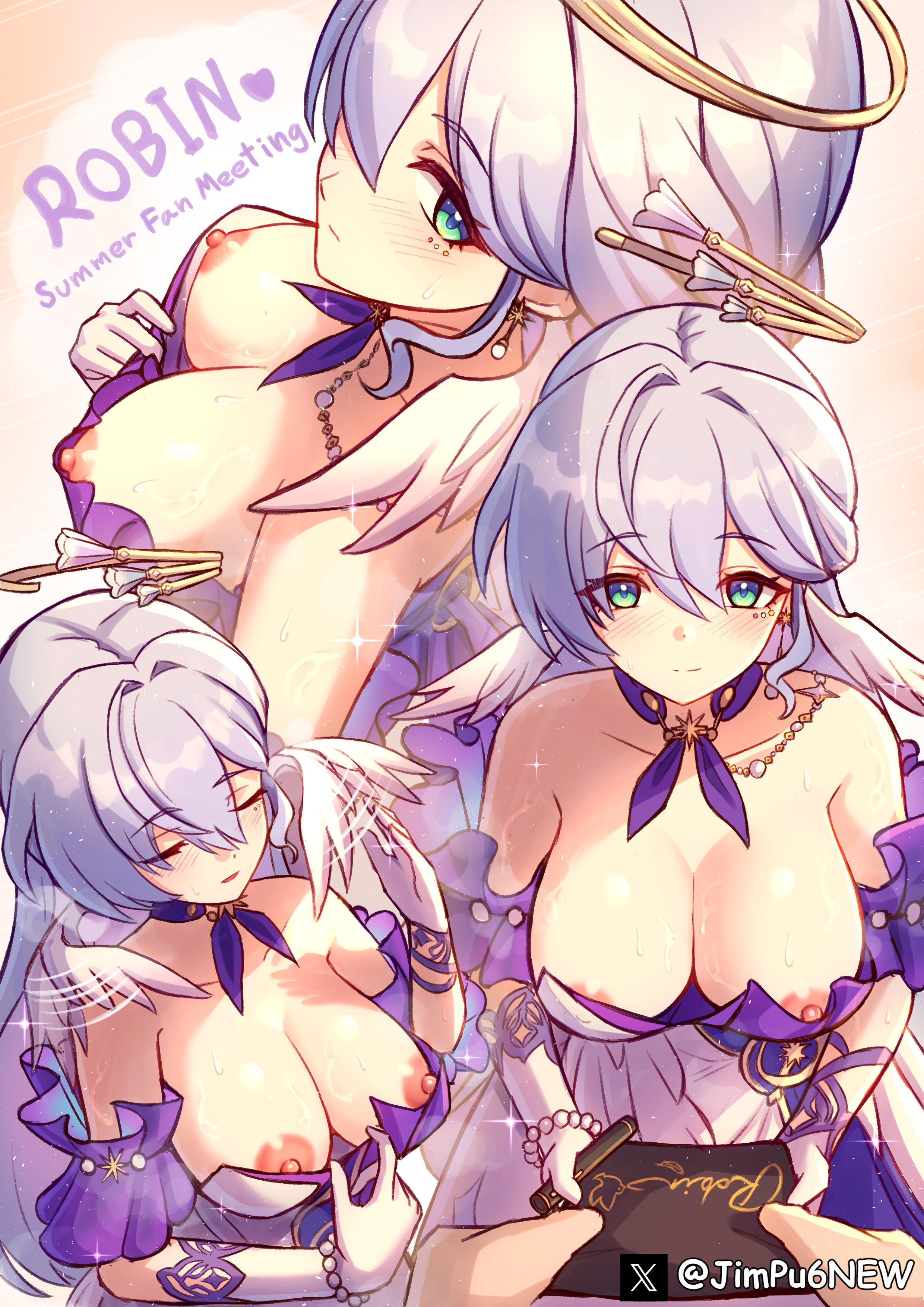 1girls, big breasts, blush, breasts, breasts out, comic, female, female focus, green eyes, honkai (series), honkai: star rail, jimpu6, looking at viewer, nipples, no bra, robin (honkai: star rail), sweat, sweaty, twitter username