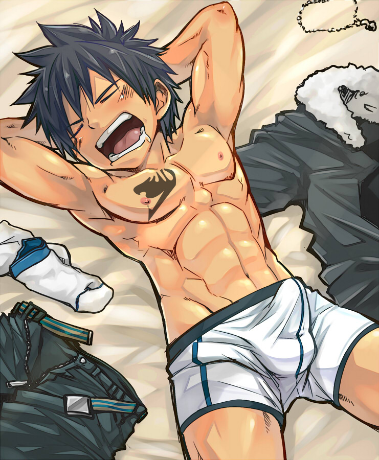 1boy abs arms_behind_head bed_sheet belt bulge closed_eyes clothes_on_floor ebitendon erection fairy_tail fur_collar gray_fullbuster jewelry lying male male_only muscle naked naked_male necklace nipples on_back open_mouth pecs repost saliva sleeping solo tattoo torakichi_(ebitendon) torakitchen underwear underwear_down