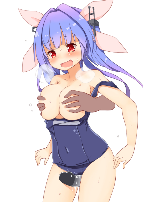 between_legs binsen blue_hair breast_grab breasts breath female hair_ornament i-19_(kantai_collection) kantai_collection long_hair multicolored_hair one-piece_swimsuit open_mouth personification red_eyes ribbon school_swimsuit sweat swimsuit swimsuit_pull tied_hair torpedo twintails