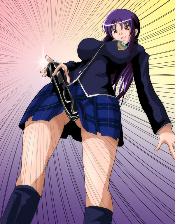 blazer dominatrix femdom ookura_miyako ponytail presenting_strap-on purple_hair red_eyes skirt strap-on strap-on_under_skirt tawake thighs tied_hair tokimeki_memorial tokimeki_memorial_4