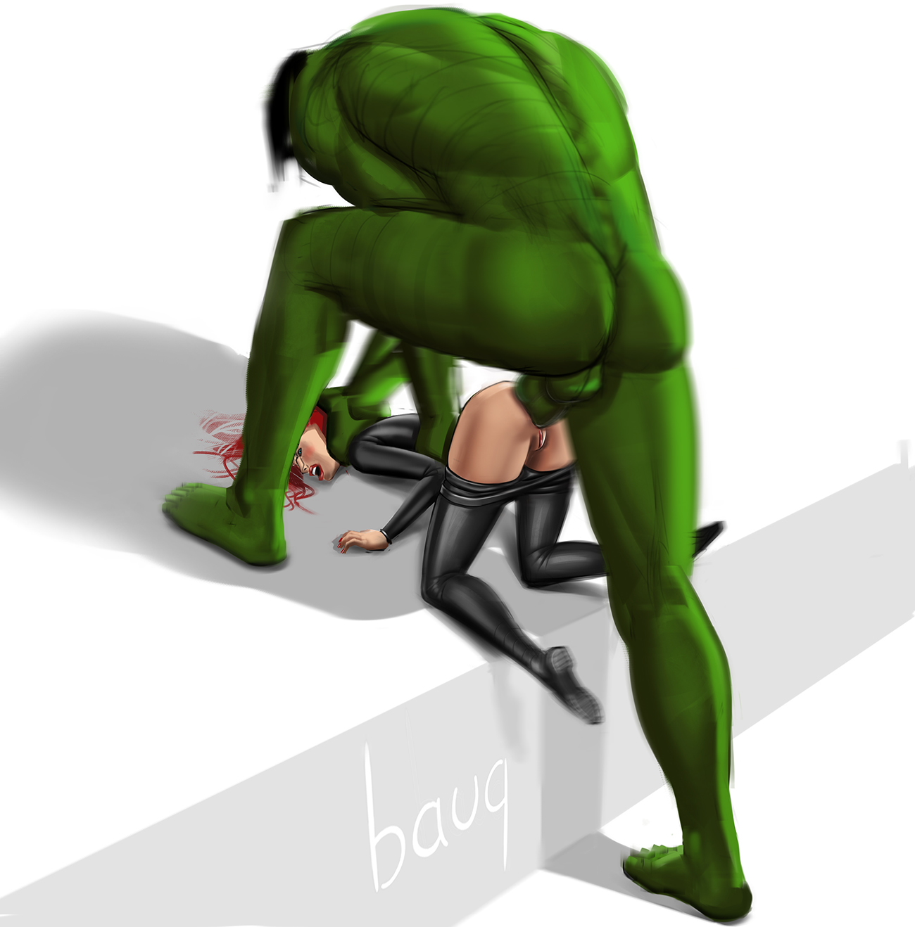 2015, anal, avengers, bauq, black widow (marvel), color, domination, face down ass up, female, femsub, forced, green skin, hair, held down, huge cock, hulk, larger male, male, maledom, marvel, marvel comics, natasha romanoff, pants pulled down, penis, pinned down, rape, red hair, redhead, scarlett johansson, size difference, top-down bottom-up, torso grab, uncensored