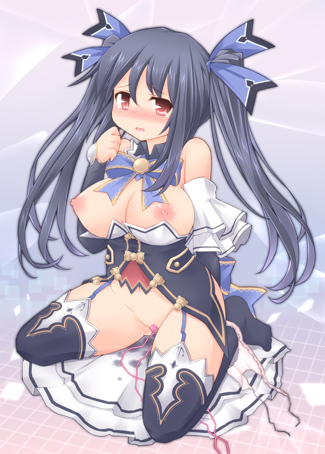 black_hair blush breasts breasts_out female kneeling long_hair looking_at_viewer neptunia_(series) nipples no_panties noire pussy_juice red_eyes sekiri solo tears thighhighs tied_hair twintails vibrator