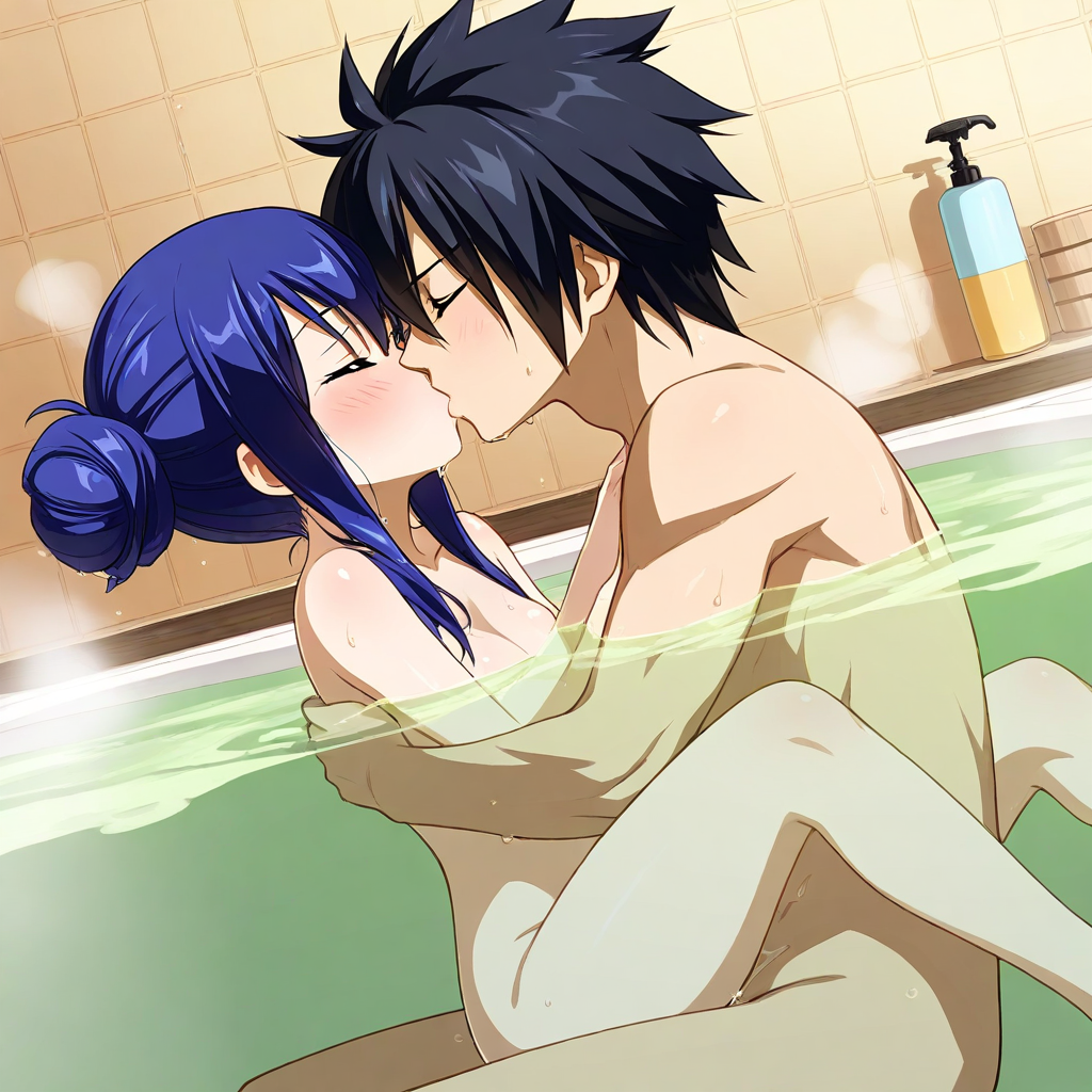 1boy ai_generated black_hair blue_hair couple couple_(romantic) fairy_tail female gray_fullbuster naked petite_girl sex small_breasts wendy_marvell