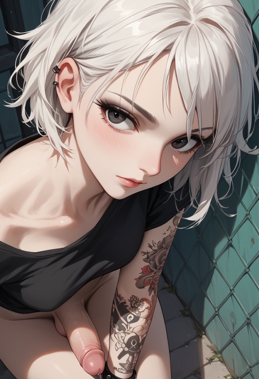 1futa ai_generated balls black_eyes from_above futa_only futanari goth goth_futa high-angle_view jamesbron medium_breasts medium_hair no_panties partially_clothed penis sitting solo solo_futa tattoo tattooed_arm white_hair