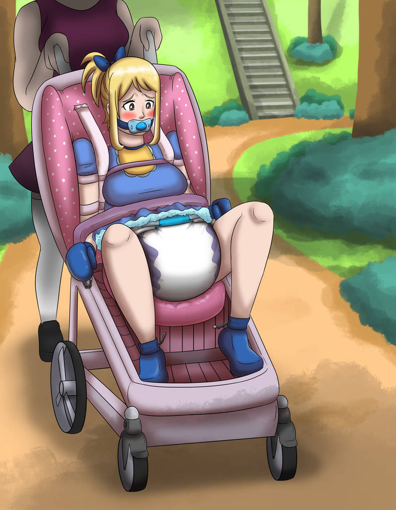 2girls 34qucker abdl baby_stroller blonde_hair blue_bow blue_dress blush booties bound bound_ankles bound_arms bound_wrists diaper diapered embarrassed embarrassed_female fairy_tail lucy_heartfilia mittens pacifier pacifier_gag park purple_dress stroller tagme white_stockings