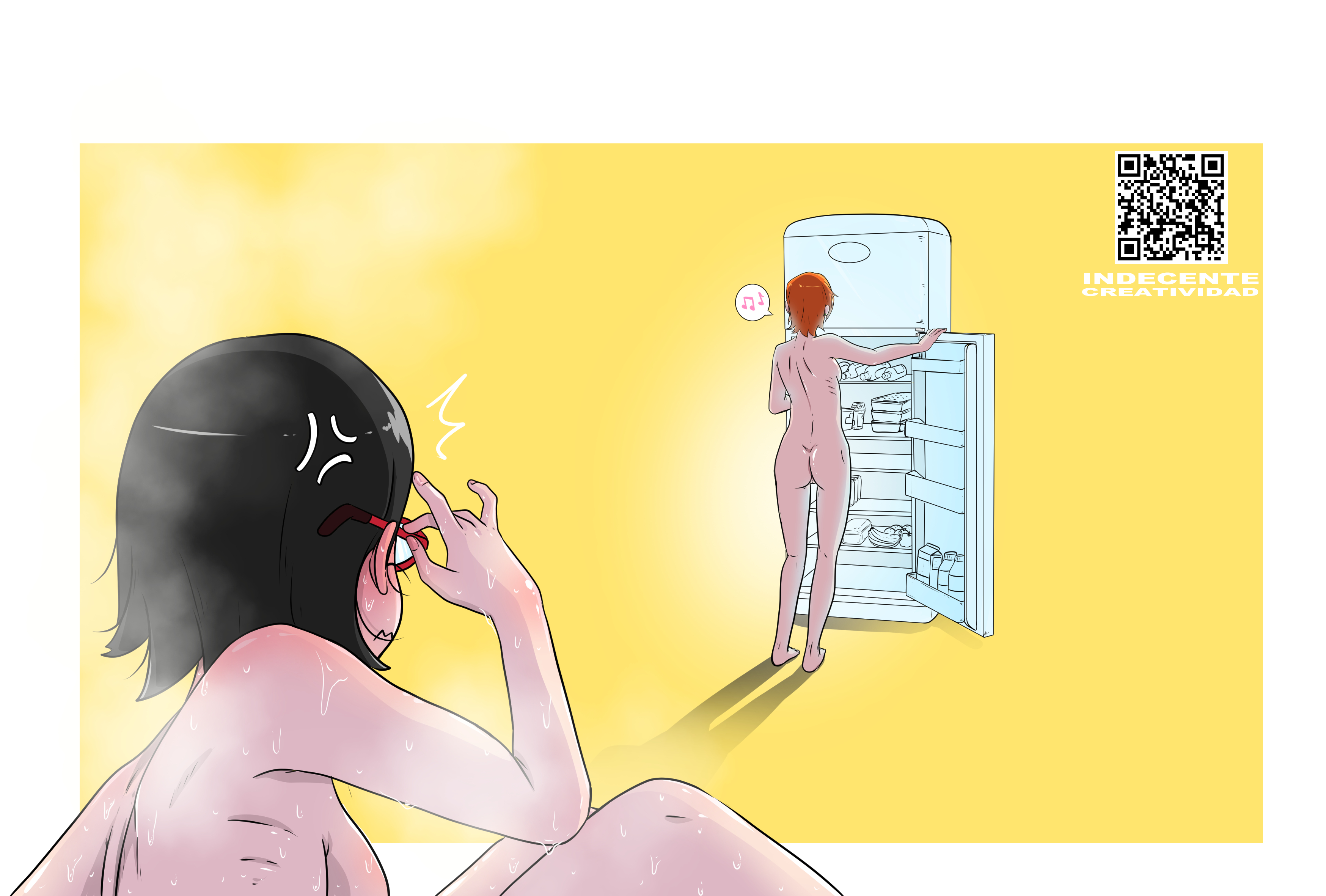 2girls, after sex, angry, ass, ben 10, ben 10 (classic), black hair, blush, boruto: naruto next generations, breasts, completely nude, crossover, eastern and western character, female, female focus, fridge, glasses, gwen tennyson, gwen tennyson (classic), human, indecente creatividad, looking back, medium breasts, medium hair, multiple females, multiple girls, musical note, naruto, naruto (series), nude, orange hair, sarada uchiha, sitting, speech bubble, sweat, yuri