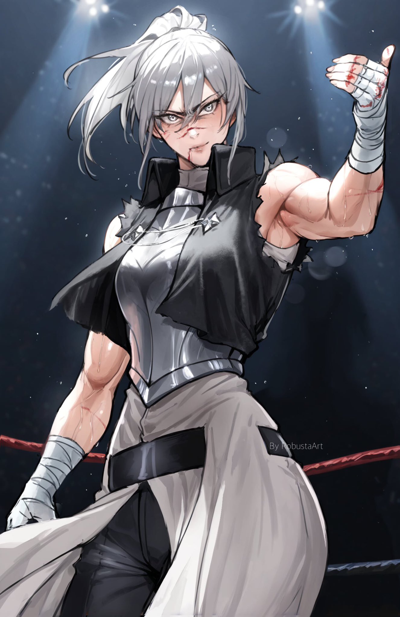 biceps bleeding boxing_ring clothed clothes clothing jackets melty_blood muscular muscular_female riesbyfe_stridberg ring robustaart scar scar_on_face silver_hair sleeveless sleeveless_shirt tsukihime type-moon white_hair