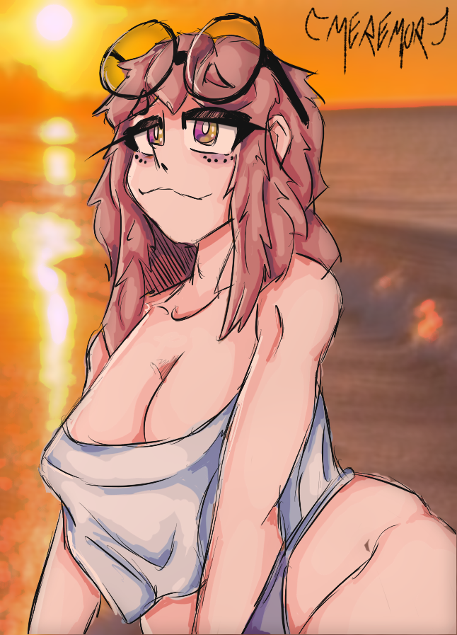 beach big_breasts breasts breasts breasts female female female_only glasses horny meremor red_hair round_glasses thick_thighs thighs topwear