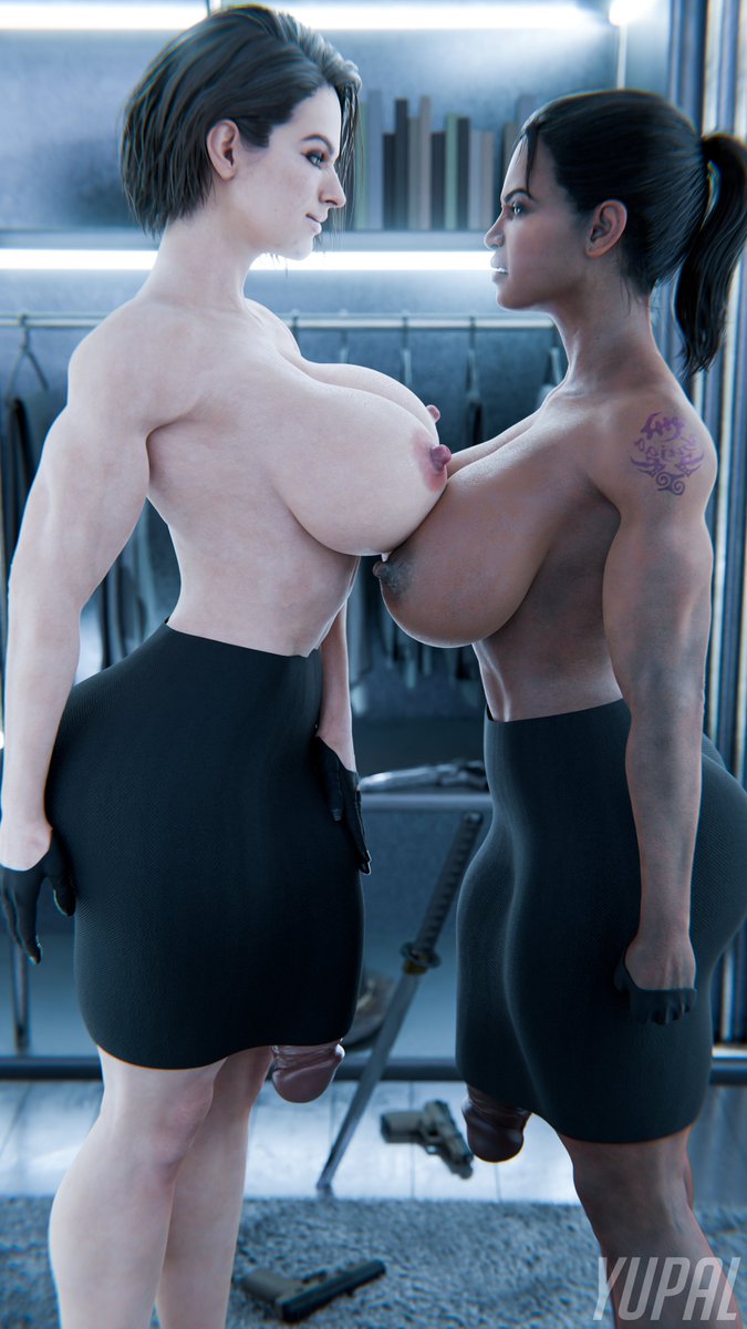 2futas 3d big_breasts breasts bulge bulge_through_clothing capcom dark-skinned_futanari dark_skin futa_on_futa futa_only futanari huge_cock jill_valentine light-skinned_futanari light_skin nipples penis resident_evil sheva_alomar skirt yupal