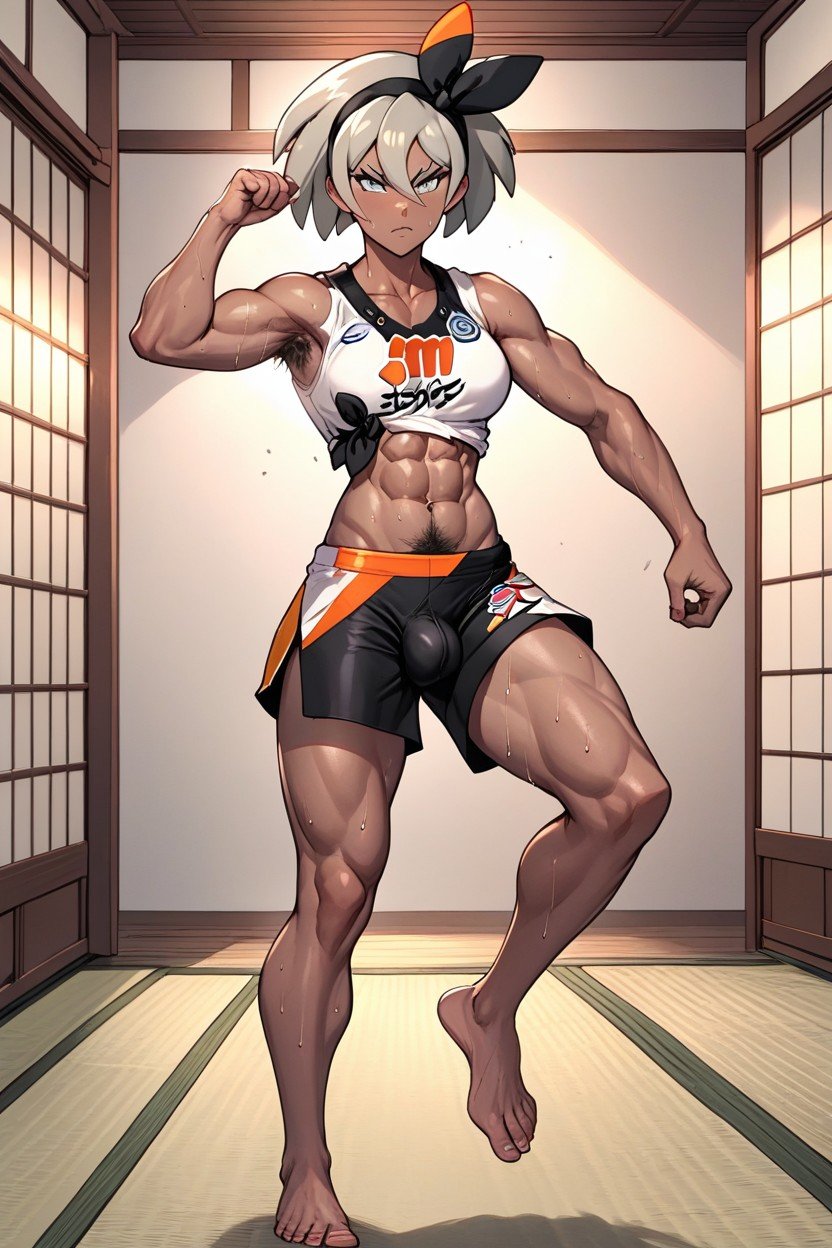 abs ai_generated armpit_hair bea_(pokemon) bulge feet futanari grey_hair hairbow happy_trail knee_up muscular muscular_female plumpthlump pokemon sweaty toned toned_female