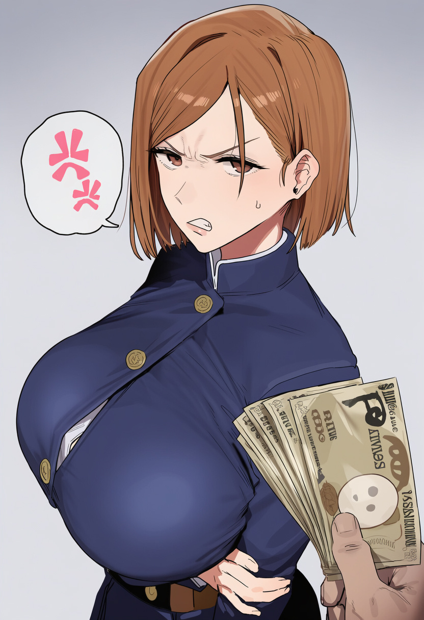 1girls, ai generated, angry face, arm under breasts, big breasts, clothed, clothed female, female, highres, huge breasts, jujutsu kaisen, kugisaki nobara, large breasts, money, prostitution, short hair, toratora