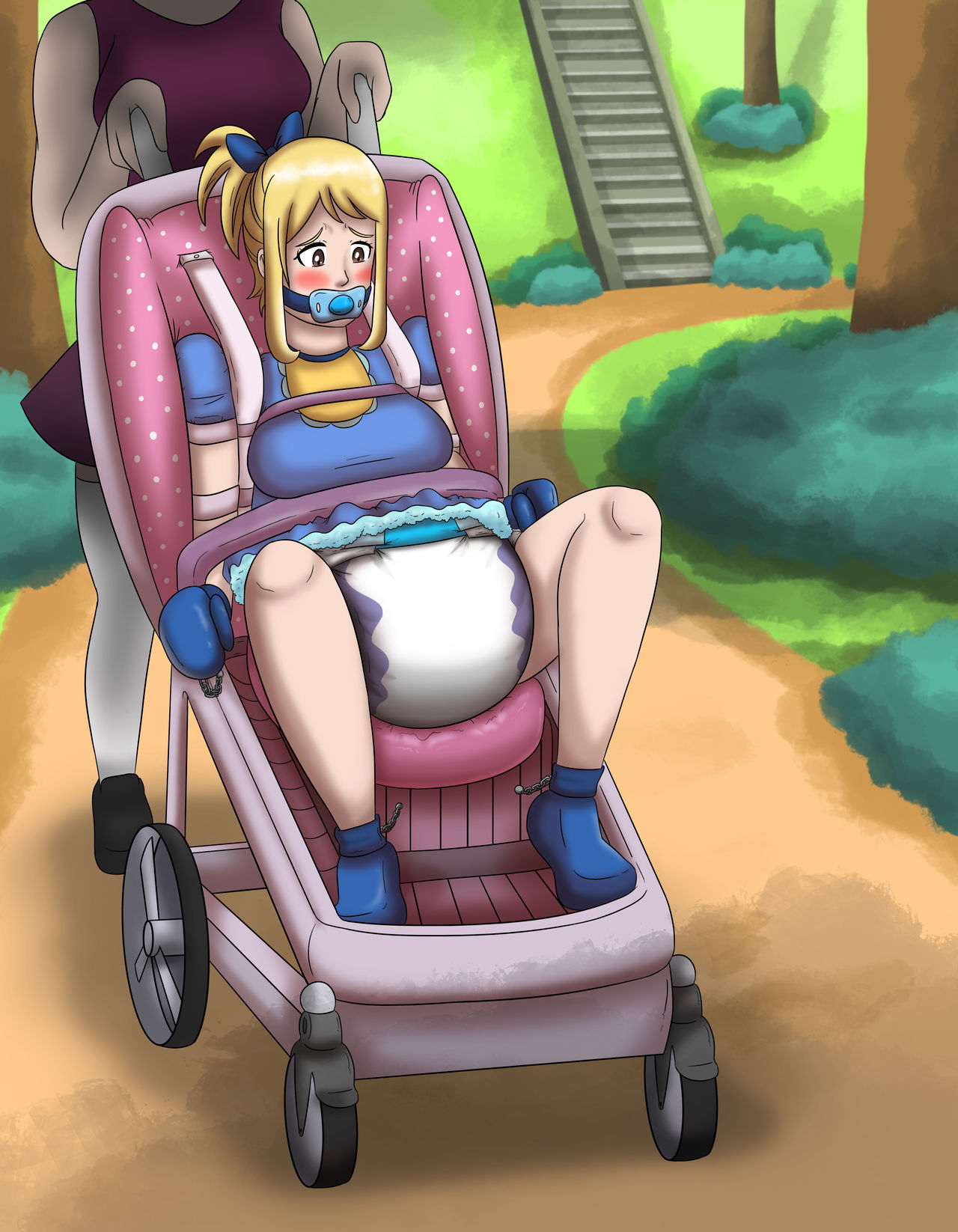 2girls 34qucker abdl baby_stroller blonde_hair blue_bow blue_dress blush booties bound bound_ankles bound_arms bound_wrists diaper diapered embarrassed embarrassed_female fairy_tail lucy_heartfilia mittens pacifier pacifier_gag park purple_dress stroller tagme white_stockings