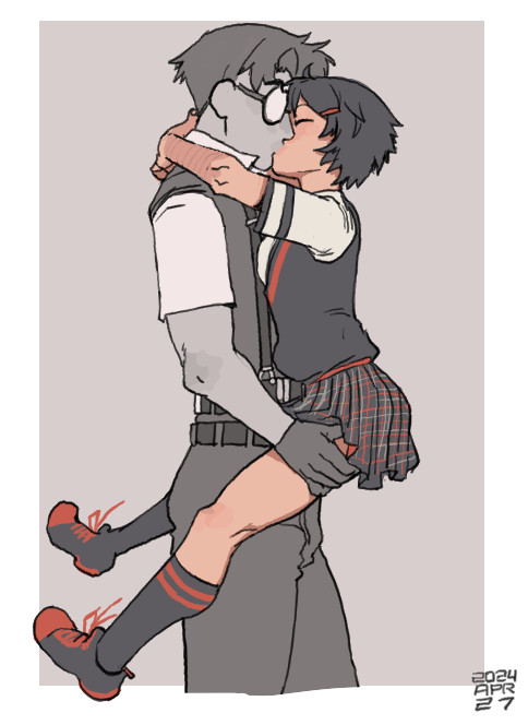 aged up, carrying partner, female, grey body, kissing, male, marvel, marvel comics, peni parker, peter benjamin parker, spider-man (series), spider-man noir, spider-man: into the spider-verse