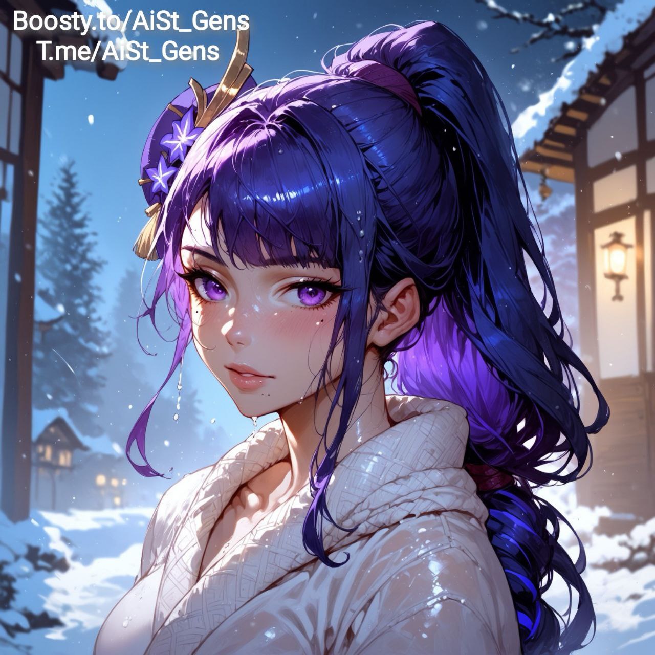 ai_generated aist_ genshin_impact looking_at_viewer ponytail purple_eyes purple_hair raiden_shogun shiny_skin snow sweat wet