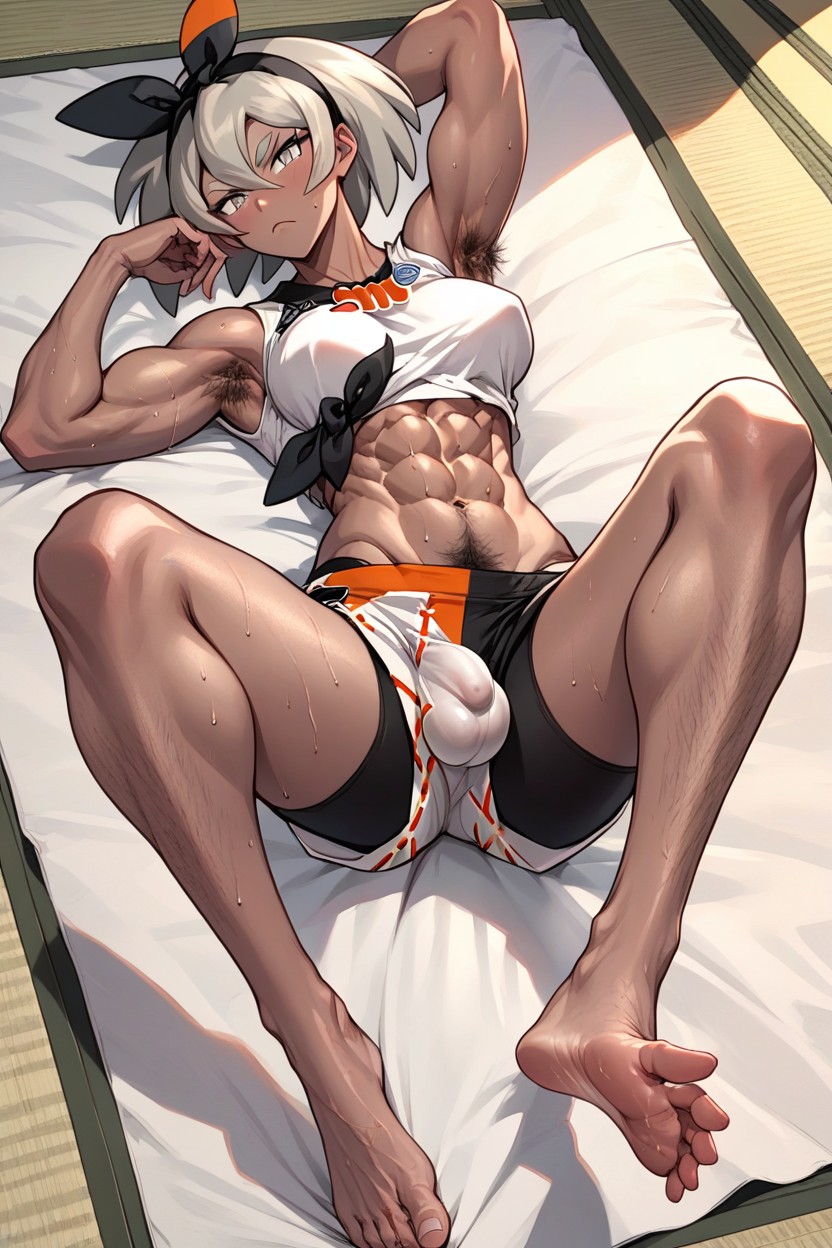 abs ai_generated armpit_hair bea_(pokemon) bulge countershade_feet feet futanari grey_hair hairbow hairy hairy_legs happy_trail legs_up muscular muscular_female nipple_bulge on_back plumpthlump pokemon sweaty toned toned_female