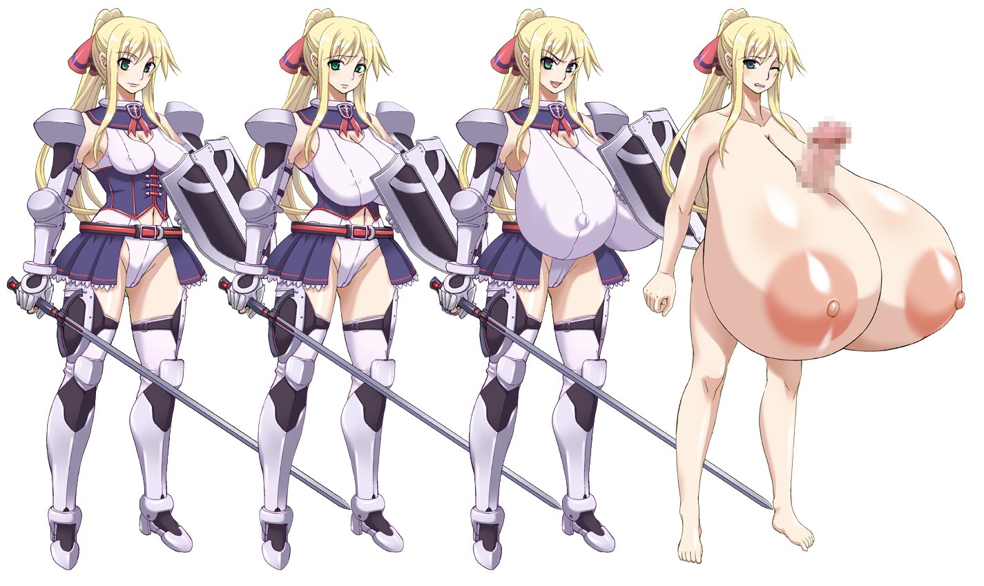 1futa, 1girls, areolae, armor, autopaizuri, blonde hair, breast expansion, breast growth, breast growth (enlargement), breasts, cameltoe, censored, crossing knightmare, curvy, embarrassed, erect nipples, erection, female, futa sans balls, futanari, genital growth, gigantic breasts, green eyes, hair, hg chagawa, huge breasts, hyper, hyper breasts, hyper penis, intersex, knight, large areolae, large breasts, mosaic censoring, multiple persona, nipple bulge, nipples, nude, paizuri, penis, penis growth, progression, pussy, shield, sword, weapon, white background