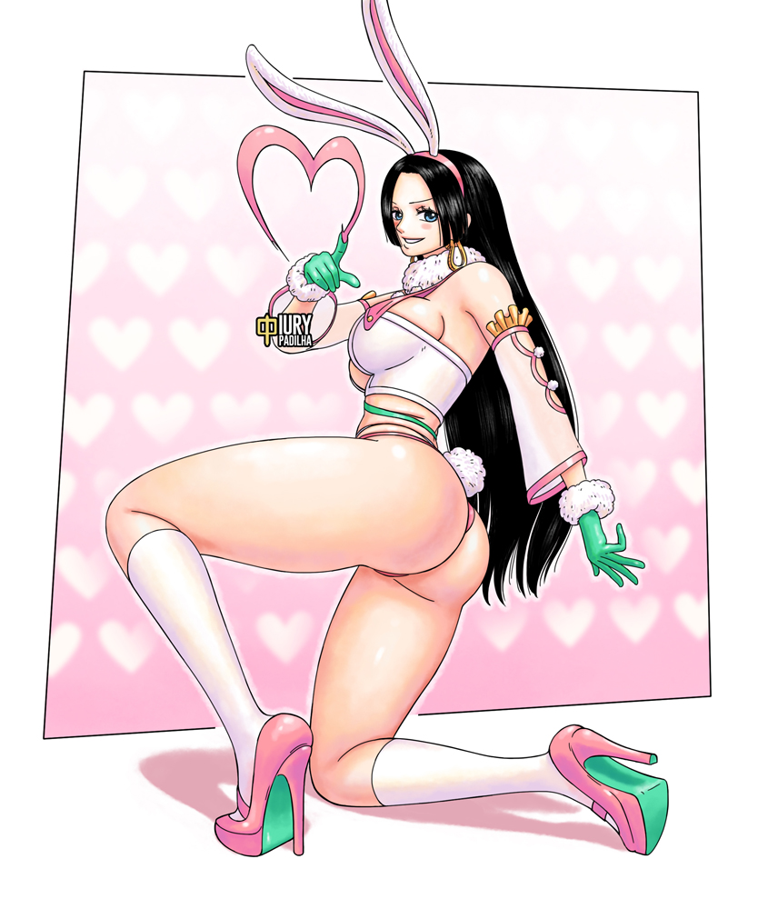 1girls, ass, big breasts, black hair, black-haired female, blue eyes, blue-eyed female, blush, blush lines, blushing, blushing female, boa hancock, breasts, bunny ears, bunny tail, clothing, devil fruit, earrings, eyebrows, eyelashes, female, female only, fit, fit female, from behind, fur collar, gloves, gold earrings, green gloves, heart symbol, heels, high heels, huge ass, iury padilha, knee socks, kneehighs, kneeling, kneesocks, large breasts, long hair, long-haired female, mero mero no mi, one piece, pink high heels, pink thong, revealing clothes, shiny skin, sideboob, skimpy clothes, sleeves past elbows, snake earrings, socks, socks and heels, solo, stockings, thong, topwear, valentine's day, voluptuous, voluptuous female, watermark, white socks, white stockings, white topwear
