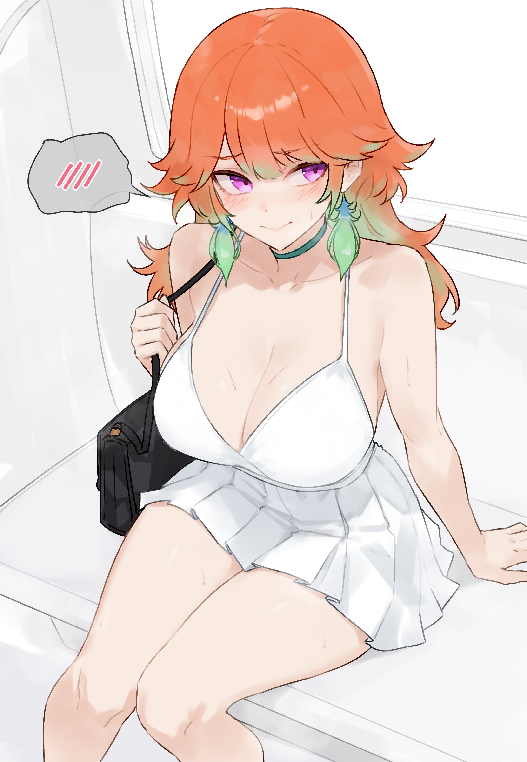 1girls, bare arms, bluefield, blush, breasts, clothed, clothing, dress, female, hips, hololive, hololive english, hololive myth, large breasts, light skin, light-skinned female, orange hair, perfect body, purple eyes, purse, sitting, solo, solo female, sundress, takanashi kiara, virtual youtuber, wide hips