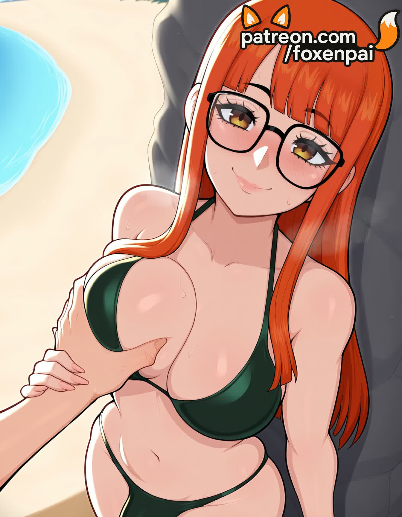 1futa, 2025, ai generated, artist name, bangs, beach, big breasts, big chest, bikini, black-framed eyewear, blush, breast grab, breasts, bust, busty, chest, deep skin, foxenpai, futanari, glasses, grabbing, grabbing from behind, groping, guided breast grab, hi res, high quality, high resolution, highres, intersex, large breasts, long hair, navel, orange hair, patreon, patreon username, persona, persona 5, sakura futaba, smile, solo focus, stable diffusion, swimsuit, watermark