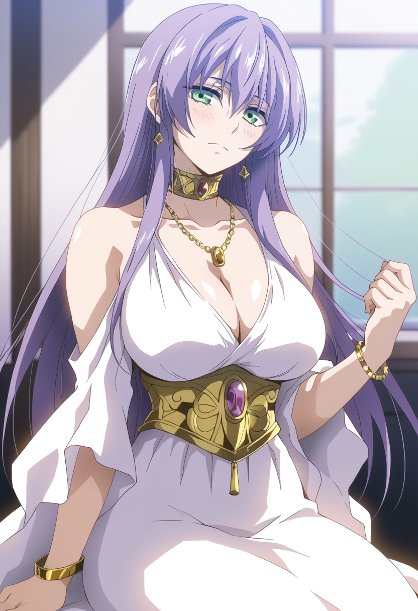 accessory ai_generated bigdog1038 blush closed_mouth clothing collar female goddess gold_jewelry green_eyes hi_res huge_breasts jewelry looking_at_viewer mature_female nervous_sweat purple_hair saint_seiya:_the_lost_canvas sasha_(saint_seiya) spinoff teenager voluptuous