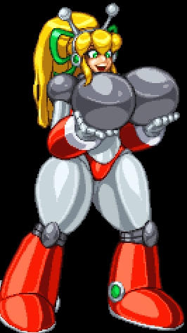 antennae armor armored_boots armored_gloves arms_up artist_request bikini_armor blonde_hair blue_eyes boots breasts grabbing_own_breast green_ribbons hair_ribbon hairband headphones huge_breasts hyper_roll_(marvel_vs._capcom) joints knee_boots large_breasts long_hair looking_at_viewer lowres marvel_vs._capcom mechanical_arms mechanical_boots mechanical_legs mega_man_(classic) mega_man_(series) pixel_art ponytail radio_antenna red_armor ribbon robot robot_girl robot_joints roll roll_(mega_man) shoulder_armor sidelocks smile tc55