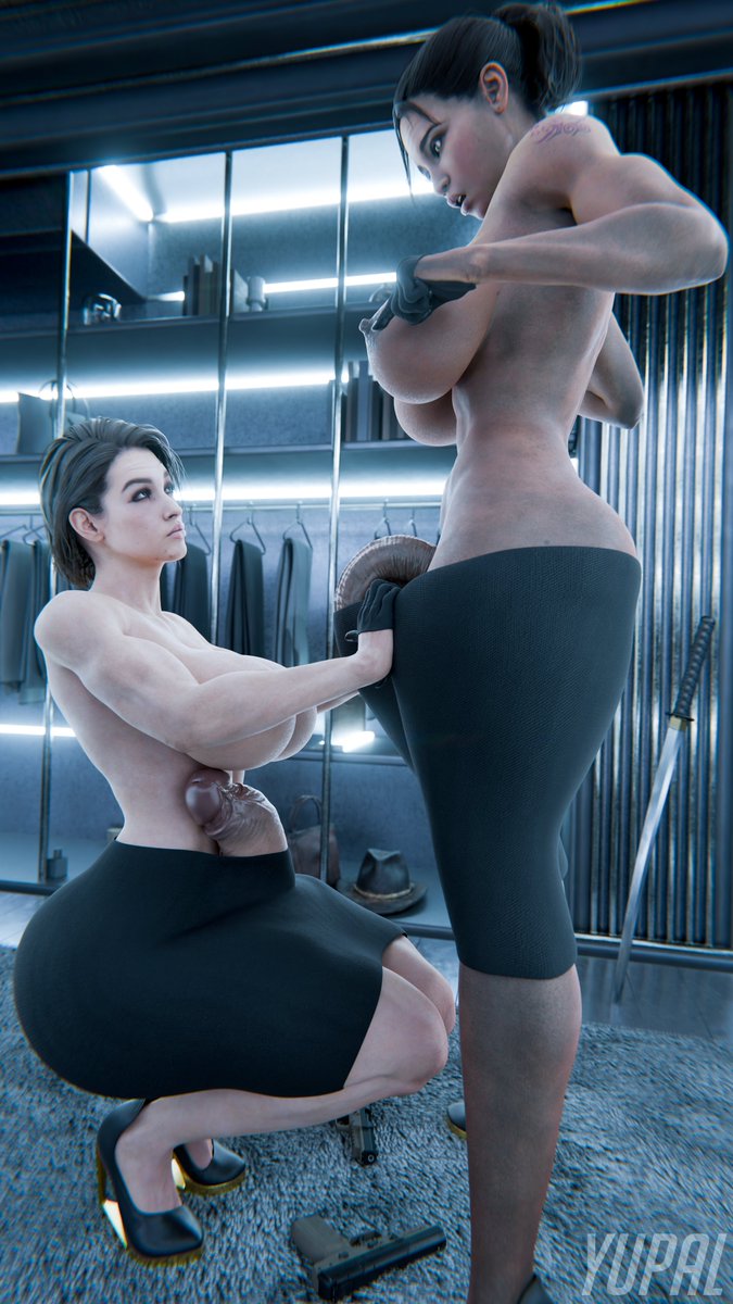 2futas 3d big_breasts breasts bulge bulge_through_clothing capcom dark-skinned_futanari dark_skin futa_on_futa futa_only futanari huge_cock jill_valentine light-skinned_futanari light_skin nipples penis resident_evil sheva_alomar skirt yupal