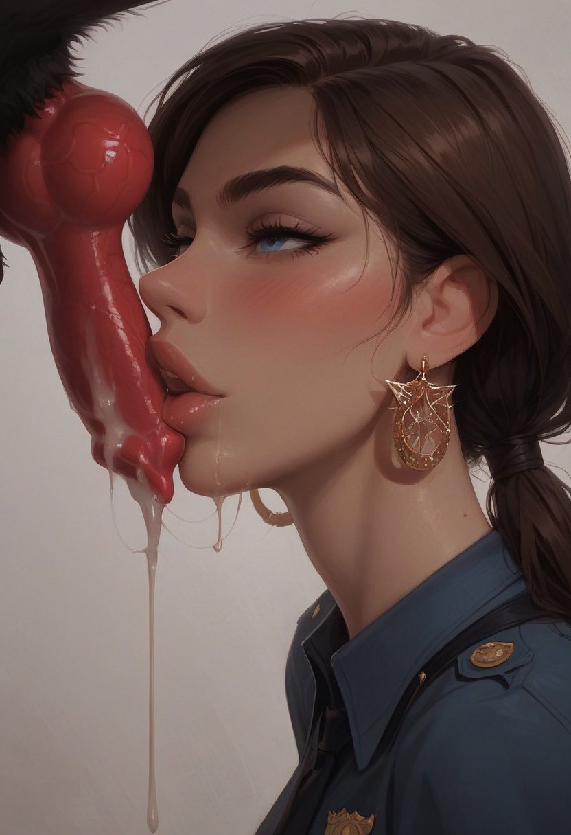 ai_generated blowjob brown_hair canine canine_penis cum cumming dacial drooling female knot knotted_penis oral police police_dog police_uniform policewoman saliva zoophilia