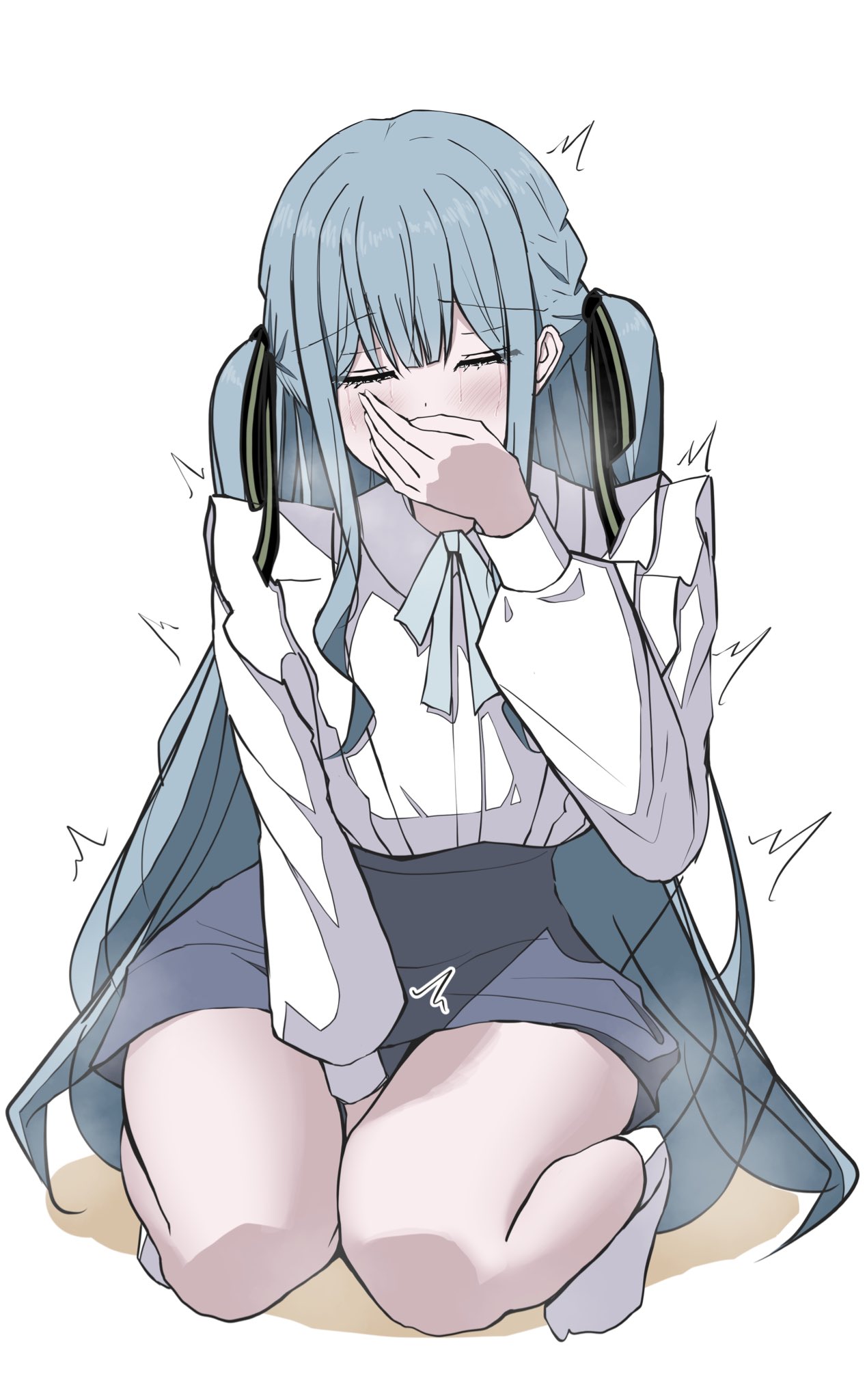 ankle_socks anklehighs bang_dream! bang_dream!_it's_mygo!!!!! black_ribbon blue_hair blush chin_gero closed_eyes covering_own_mouth crying embarrassed female female_masturbation grey_skirt hair_ribbon highres long_hair long_sleeves masturbation no_shoes peeing peeing_self ribbon shirt sidelocks simple_background skirt socks solo togawa_sakiko twitching two_side_up white_background white_shirt white_socks