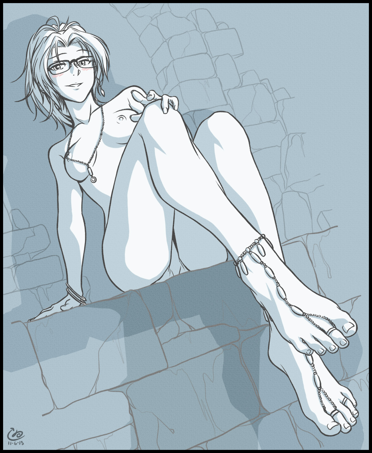 1girls, anklet, attack on titan, bare chest, barefoot, barefoot sandals, blush, bracelet, breasts, feet, female, female only, foot fetish, foot focus, glasses, hanji zoe, highres, human, jewelry, legs, long legs, necklace, nipples, panties, ponytail, shingeki no kyojin, short hair, sitting, smile, solo, solo focus, tied hair, toe ring, toenails, toes, topless, ukimen, underwear